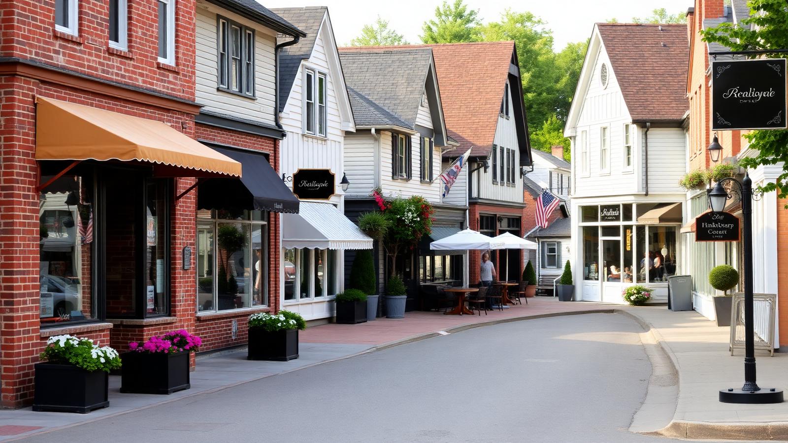 Historic village main street with low-rise shops in Kleinburg, Vaughan, Ontario