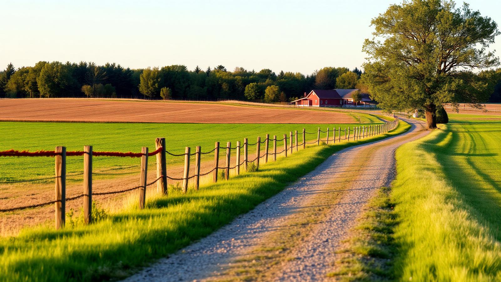 Farm fields and a gravel road in rural Vaughan, Ontario, with a farmhouse and barn in the distance
